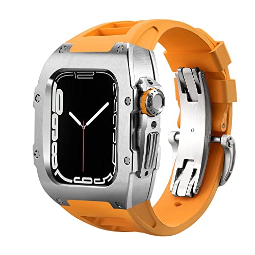 TONECY Für Apple Watch Band Serie 8, 7, 44 mm, 45 mm, Luxus-Modifikationsset, Gummiband, Metallgehäuse für iWatch SE 6, 5, 4, DIY-Nachrüst-Set (Farbe: Orange-Silber, Größe: 45 mm)