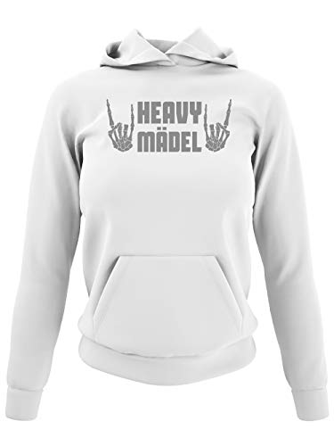 clothinx Heavy Mädel | Heavy Metal für Alle - Passend für jedes Konzert und die nächste Party | Wer mag Schon Keine Laute Musik und Lange Nächte? Damen Kapuzen-Pullover Weiß Gr. XXL