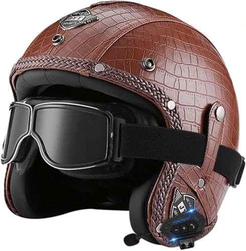 Offener Helm, Motorradhelm, Integrierter Bluetooth-Motorrad-Halbhelm, Retro-Vintage-Motor-Jet-Helm Mit Sonnenblende, Für Männer, Frauen, Erwachsene, DOT/ECE-Geprüft G,XXL63-64cm