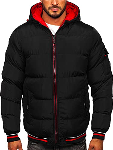 BOLF Herren Winterjacke Steppjacke Sportjacke Puffer Jacket Kapuze Warm Gefüttert Gepolstert Wasserabweisend Winddicht Outdoor Casual Style Street Look 7410 Schwarz-Rot XXL [4D4]