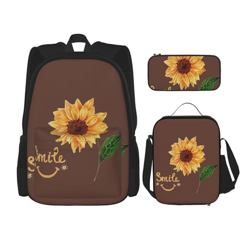 WURTON Smile Face Sonnenblumen-Druck, trendiger Rucksack, Tasche, Lunchbox und Federmäppchen, 3-in-1, verstellbares Rucksack-Set, Schwarz , Einheitsgröße