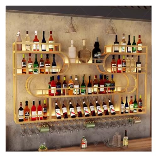 BFVAKBKYT Hängende industrielle runde Weinregale, ModernWith LED Light Weinflaschen-Präsentationsregal aus Eisen, Umgedrehtes Weinglasregal for Zuhause, Restaurants, Bars(Gold,120x20x123cm)