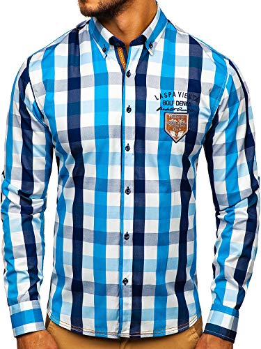 BOLF Herren Hemd Langarm Button-Down Kragen Slim Fit Streifen Muster Casual Style 1766-1 Hellblau M [2B2]