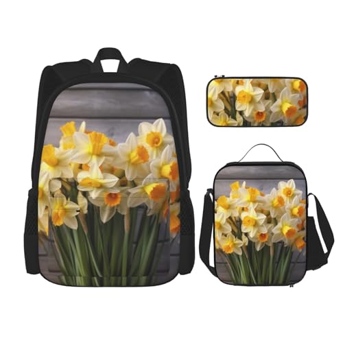 DENMER Mehrzweck-Schulranzen mit passendem Federmäppchen und Lunchtasche, Set - Ihre stilvolle All-in-One-Lösung, Blumenstrauß mit Narzissen., Einheitsgröße