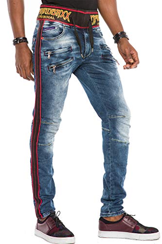 Cipo & Baxx Herren Ausgefallene Jeans Hose Fashion Used Design Pants gestreift mit Gummibund Blau W33 L32