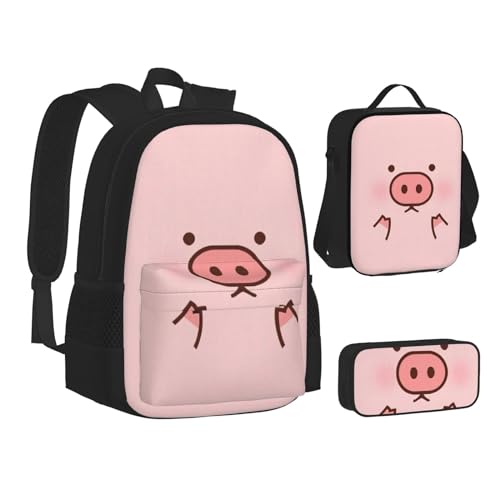 WURTON Lustiges Essen Hot Dogs Print Teenager Büchertasche Mittagessen Tasche Federmäppchen 3 in 1 Schulrucksäcke Set Kinder Rucksack, Süßes Schwein, Einheitsgröße