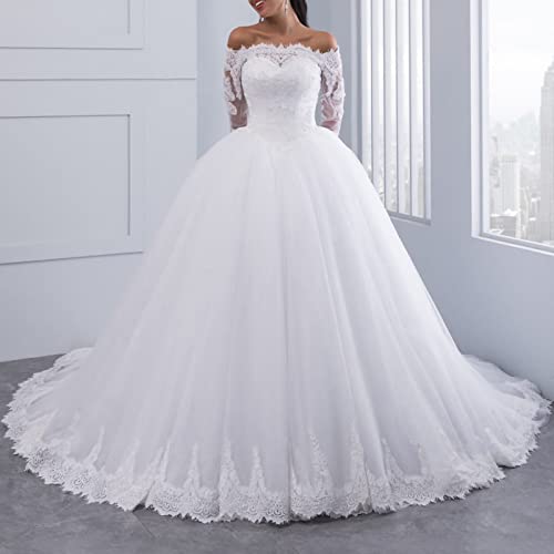 Hochzeitskleider für Lange Ärmel von Schulter Eine Linie Plus Size Lace Applique Brautkleid mit Zug Weiß 42, ESBANT, Weiss, Plus 44