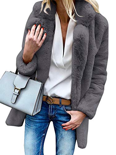 ShallGood Damen Teddy-Fleece Mantel Elegant Revers Wollmantel Lang Herbst Winter Warm Fellmantel Dicker Wolljacke Faux Fur Mäntel Einfarbig Cardigan Strickjacke Grau DE 34