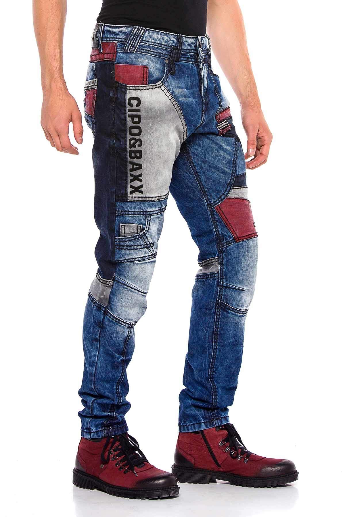 Cipo & Baxx Herren Jeans Hose 5-Pocket Regular Fit Aufnäher Denim Schriftzug Farbeffekt Pants CD574 Blau W34 L34