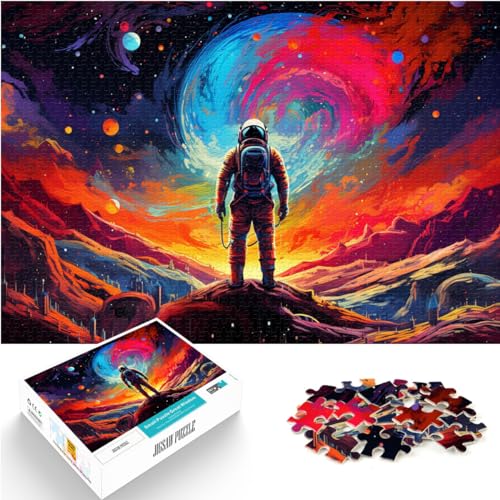 Puzzlespiele: Astronaut Steht auf farbenfroher Galaxie. 1000-teiliges Holzpuzzle. Jedes Teil ist einzigartig – anspruchsvolles, unterhaltsames Familienspiel. 1000 Teile (50 x 75 cm)