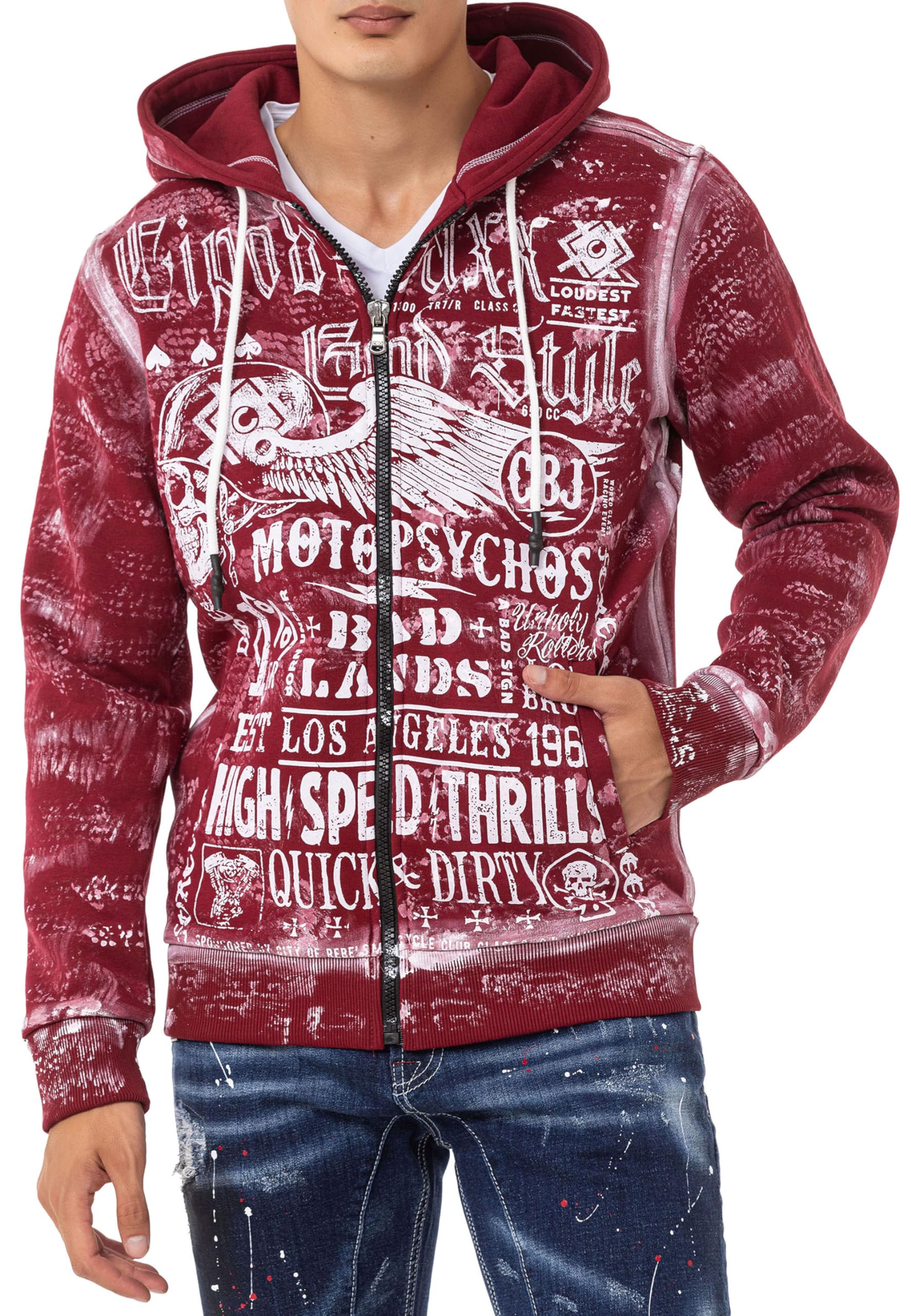 Cipo & Baxx Herren Sweatjacke Hoodie Alloverprint Kapuze Sweater Pullover Jacke Reißverschluss CL544 Burgundy S