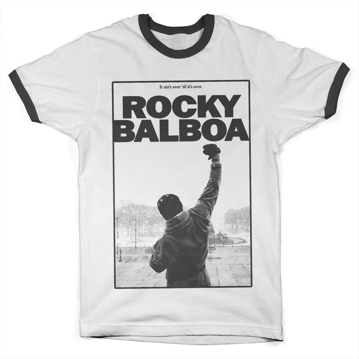 Rocky Offizielles Lizenzprodukt Balboa - It Ain't Over Ringer Herren T-Shirt (Weiß-Schwarz), X-Large