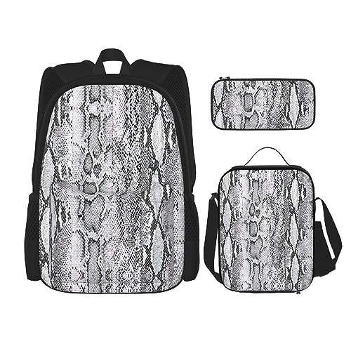 WURTON 3-in-1 Büchertaschen-Set, Schlangenhaut-Motiv, verstellbarer Schulter-Rucksack, Lunch-Tasche, Federmäppchen, Beutel, Box, Schwarz, Einheitsgröße