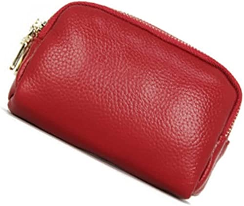 Kartenetuis, 3 Reißverschlüsse, Unisex, echtes Leder, Handtasche, Tasche, Rindsleder, Clutch, einfache Geldbörse, modische Geldbörse mit Schlüsselanhänger (Farbe: Rot)