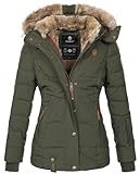 MARIKOO warme Damen Winter Jacke Winterjacke Steppjacke gefüttert Kunstfell B658 [B658-Nek-Olive-Gr.L]