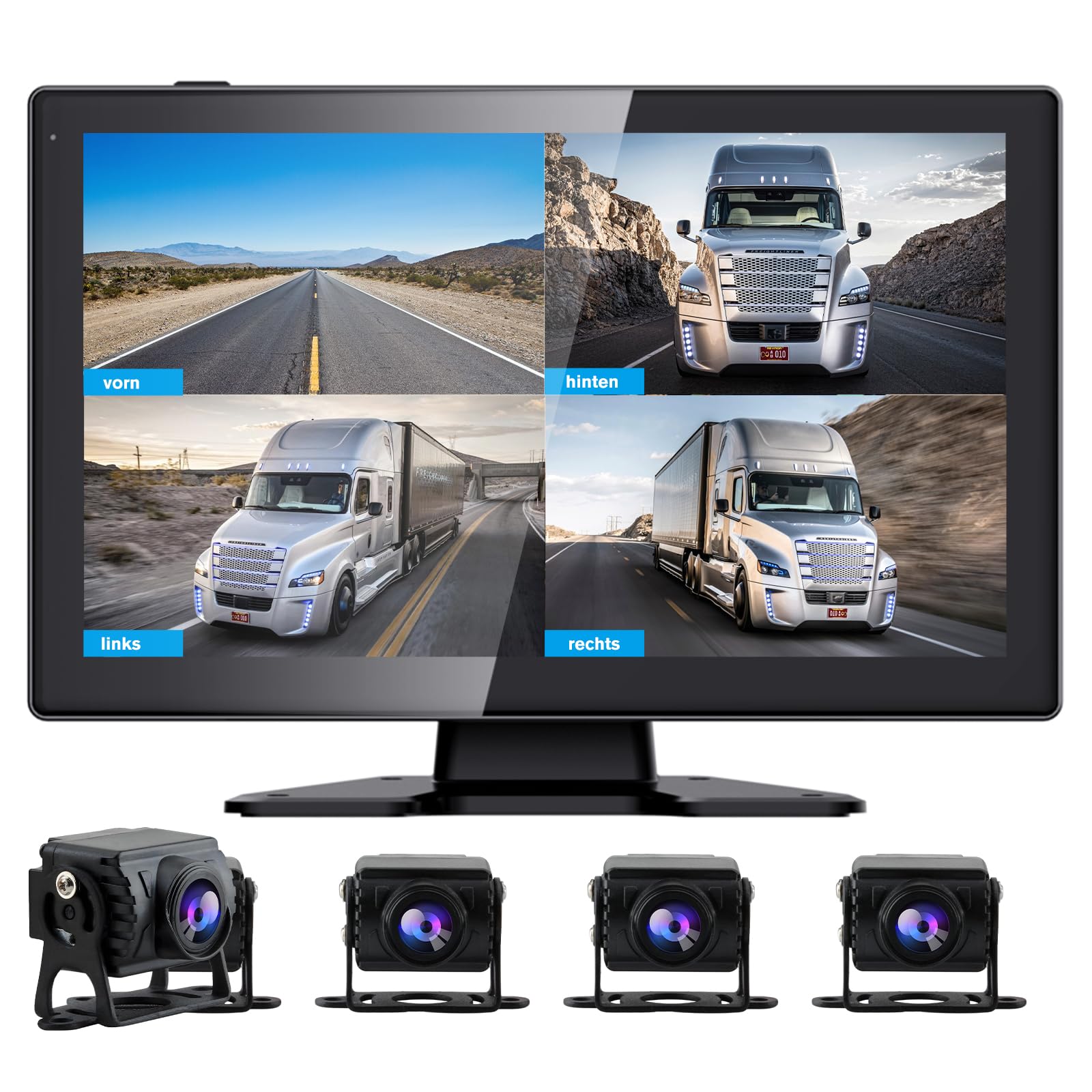 AWESAFE Rückfahrkamera für LKW Bus Wohnmobil mit 10.1 Zoll Display, 4 Kameras Dashcam DVR Nachtsicht, 4 Geteilte Monitor, SD-Karten Unterstützung, Wasserdicht, Videoaufnahme