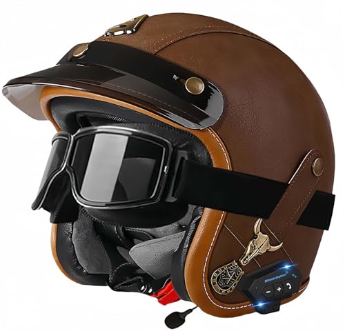 Bluetooth-Helme, Vintage-Motorrad-Halbhelm, ECE-geprüfter offener Mopedhelm mit doppelter Größenverstellung für Cruiser-Bikes, Erwachsene, Männer und Frauen D,M54-56CM