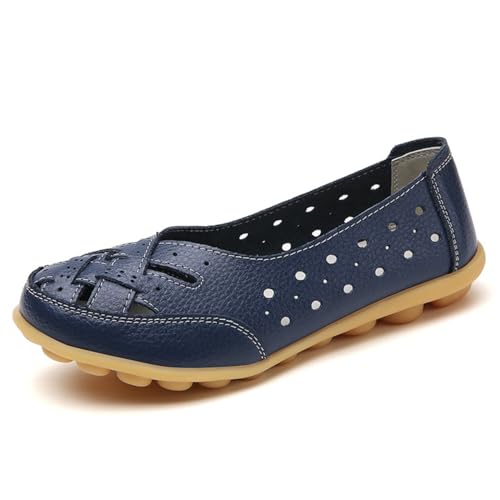 Orthopädische Loafer aus atmungsaktivem Leder, Damen-Slipper aus Rindsleder, flache Sandalen, leger, runder Zehenbereich, Mokassins, flache Schuhe, dunkelblau, 38.