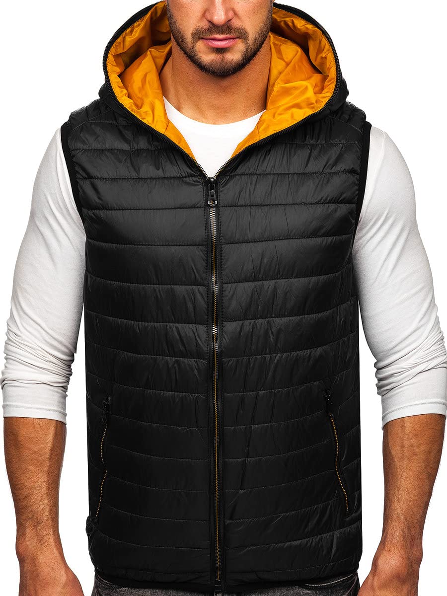 BOLF Herren Weste mit Stehkragen Steppweste Bodywarmer Kapuze Daunenweste Reißverschluss Ärmellose Sportweste Zip Wärme Freizeit Outdoor Style 7106 Schwarz L [1U1]