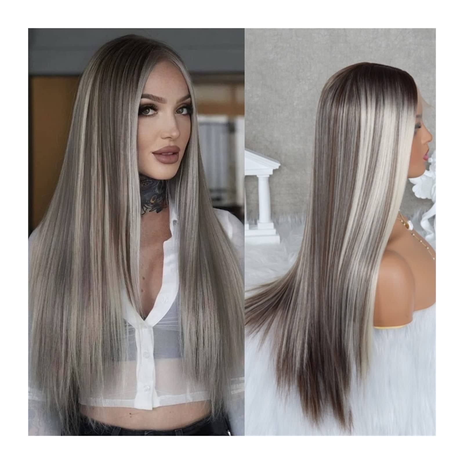 Perücken für Frauen Langes glattes Haar, aschblonde Highlights, Spitzenperücken, vorgezupfter natürlicher Haaransatz, T-Teil, kleberlose, hitzebeständige, synthetische Lace-Front-Perücken for Frauen f