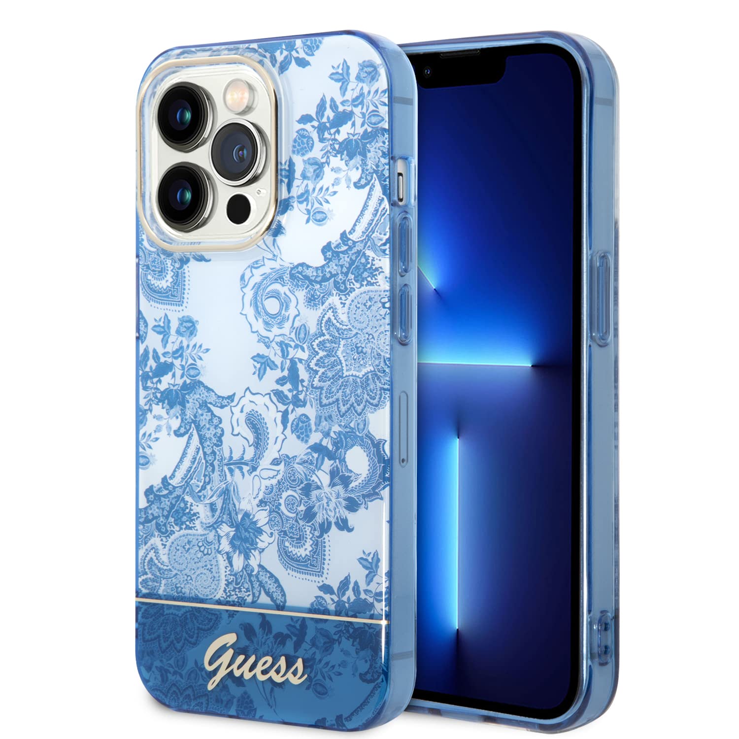 Guess GUHCP14LHGPLHB hülle für iPhone 14 Pro 6, 1" blau/Blue hardcase Porcelain Collection, schwarz