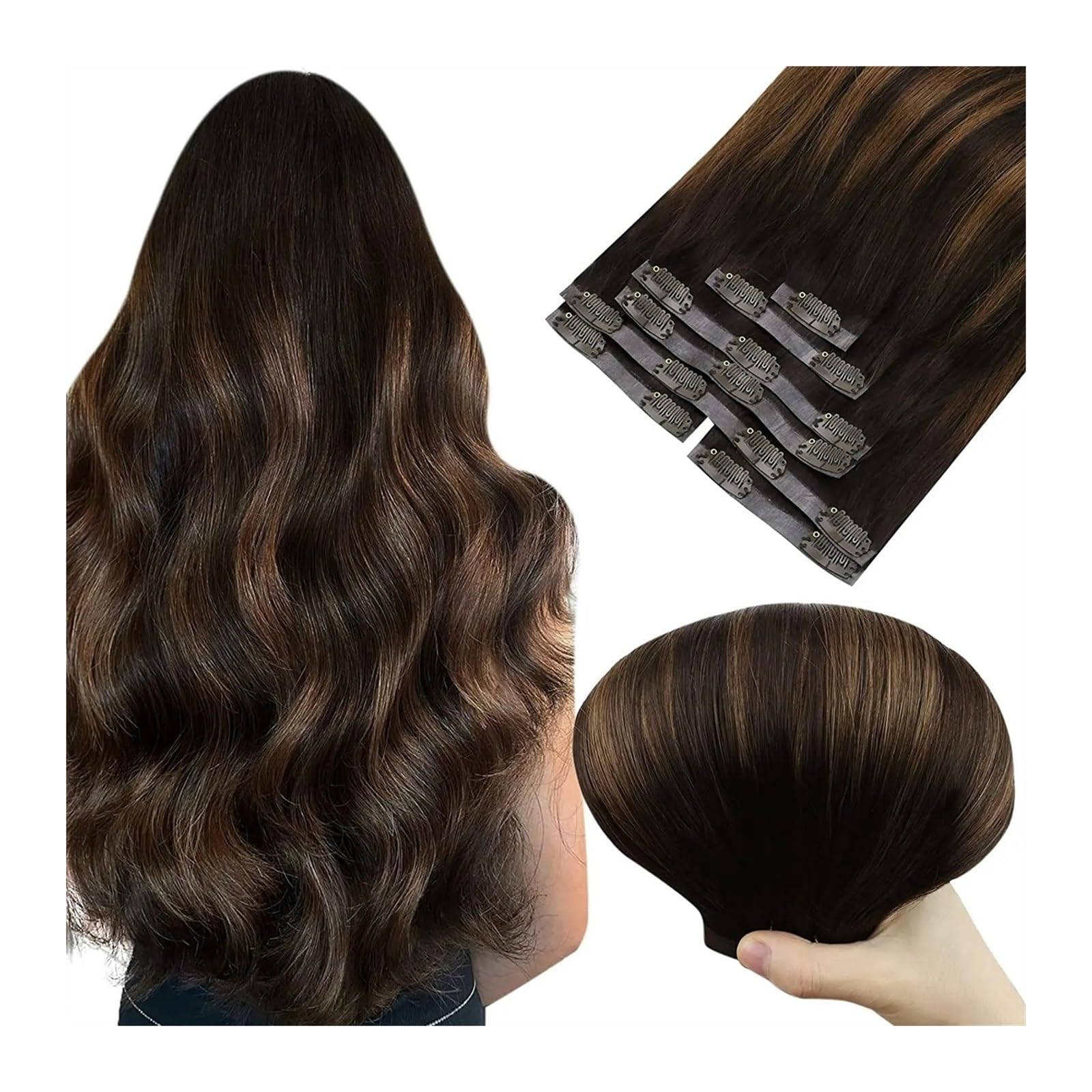 Clip-in-Haarverlängerungen Echthaar-Extensions, Clip-in-Haar, PU-Clip-in-Haarverlängerung, Echthaar for Frauen, Clip-in-Haarverlängerung, Dunkelbraun, Balayage, Mittelbraun, 7 Stück Clip-in-Haarverlän