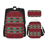 WURTON Ethnisches geometrisches Muster, trendiger Rucksack, Tasche, Lunchbox und Federmäppchen, 3-in-1, verstellbares Rucksack-Set, Schwarz , Einheitsgröße