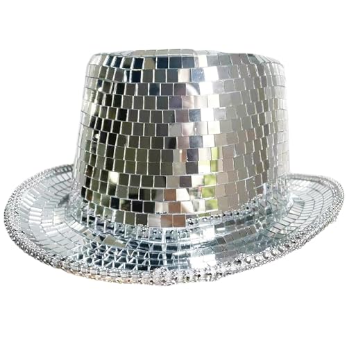 Idezek Disco-Cowgirl-Hut, Disco-Cowboy-Hut - Cooler Disco-Zylinder,Cooler Pailletten-Zylinder, Party-Requisiten, Retro-Unisex-Kostüm, silberner Disco-Hut für Erwachsene