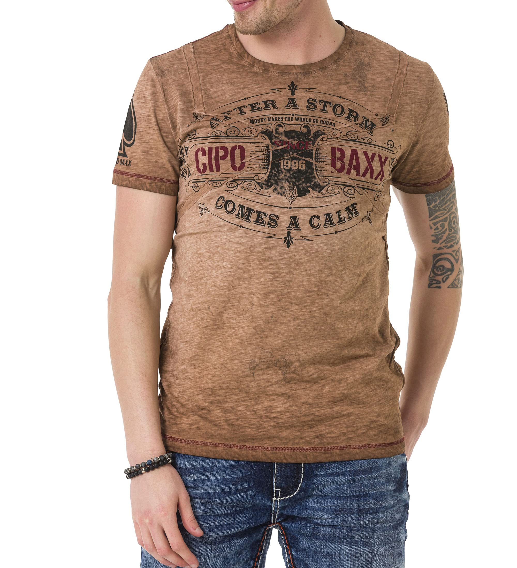 Cipo & Baxx Herren T-Shirt Print Batik Kurzarm Rundhals Streetstyle Baumwolle CT703 Braun S