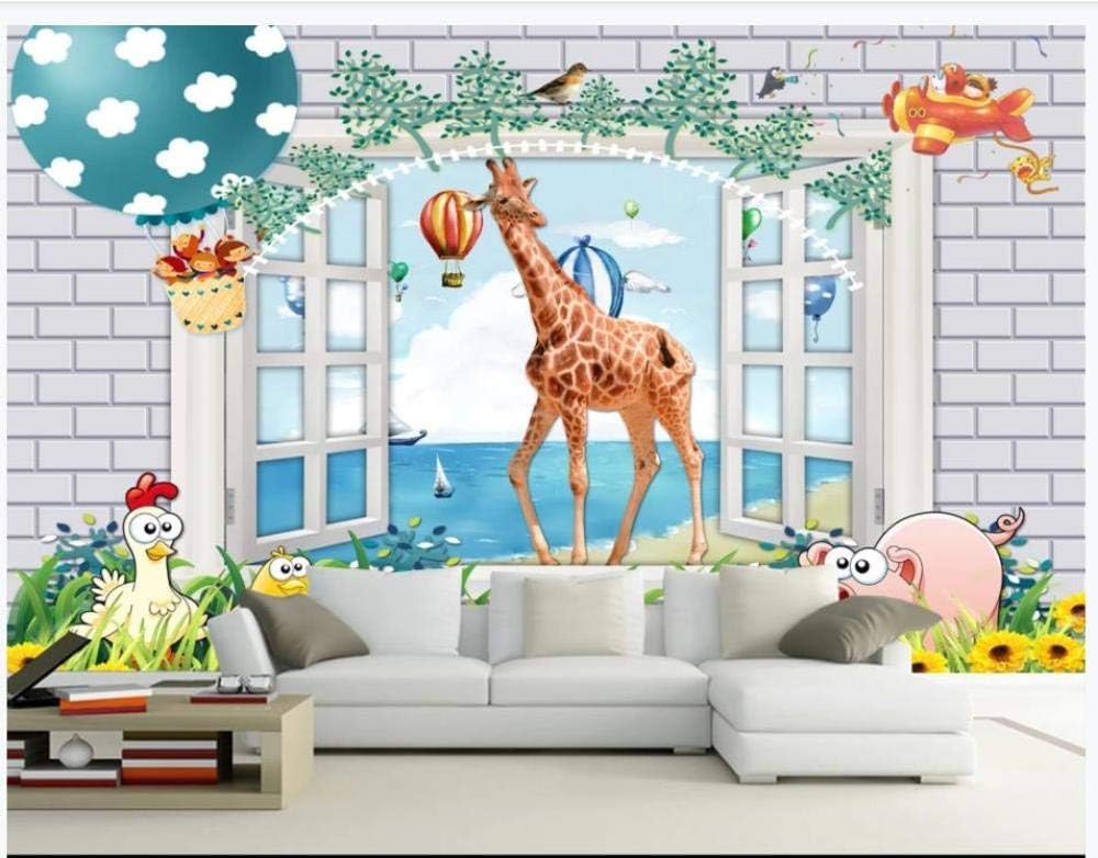 Backsteinmauer Giraffe Heißluftballon Fenster 3D Tapete Poster Restaurant Schlafzimmer Wohnzimmer Sofa TV Dekorative Wand-200cm×140cm