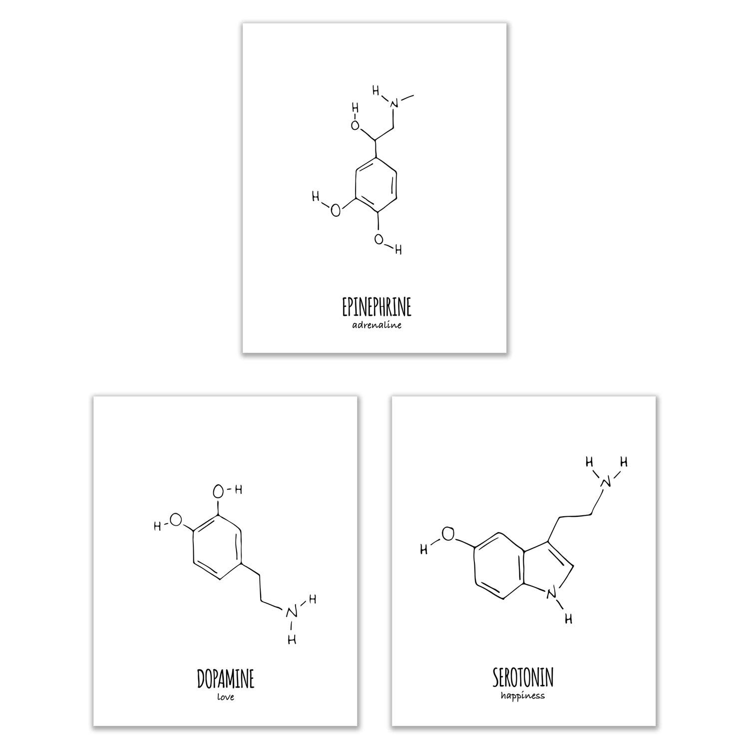 Picture This Prints Happiness Love Adrenaline Formelfoto-Set mit 3 Posterdrucken, 20,3 x 25,4 cm, Epinephrin Serotonin Dopamin