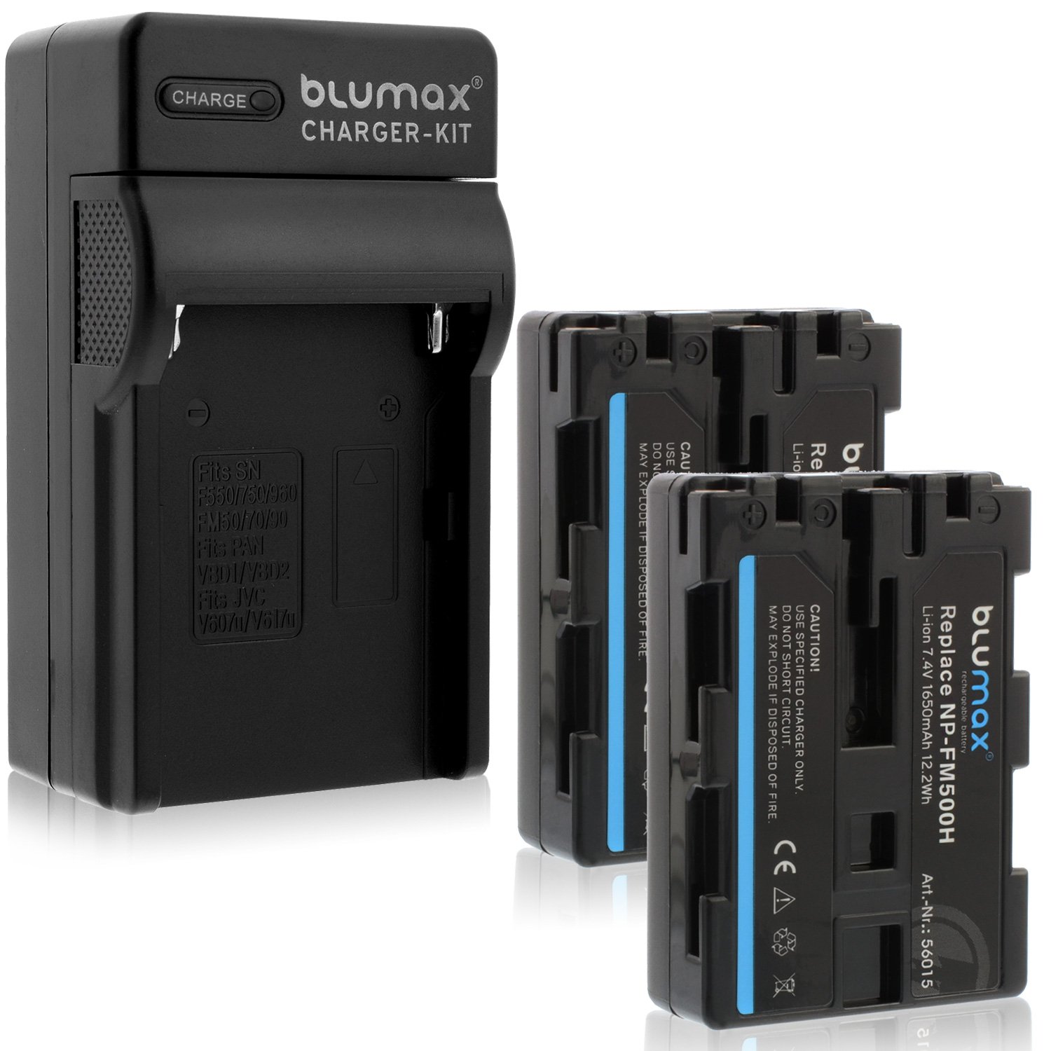 Blumax 2X NP-FM500H 1650mAh + Ladegerät NP-FM500H | passend zu Sony Alpha A57 A58 A65 A65V A68 A77 A77V A99 A99 II UVM