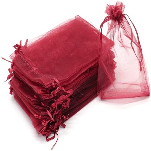 50 Stück schiere transparente Chiffon-Organzabeutel Weihnachten Halloween Hochzeit Geburtstagsfeier Süßigkeiten Geschenkboxen Schmuckverpackungsbeutel-Burgunderrot,11x16cm