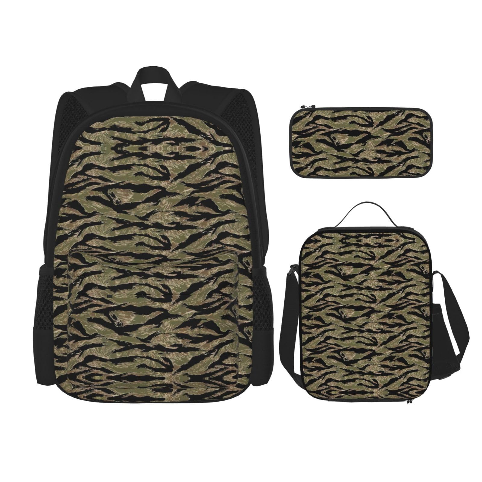 WURTON Reise-Lunchbox, Federmäppchen, Rucksack-Set, 3-teilig, verstellbare Riemen, leicht, mit Tigerstreifen, Camouflage-Muster