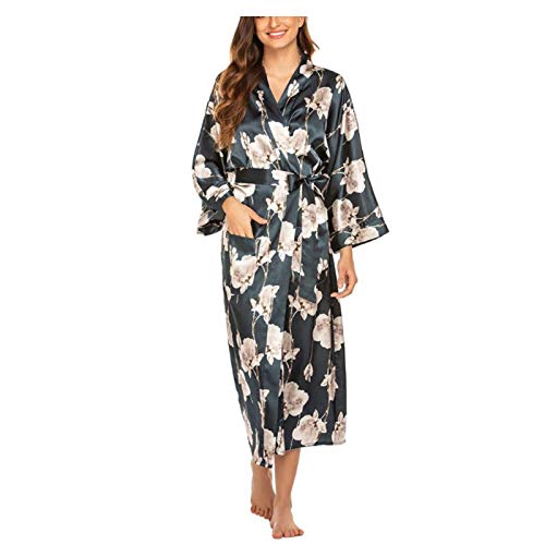 Damen Morgenmantel Seide Robe V-Ausschnitt Kimono Lose Nachtwäsche Print Bademantel Nachtwäsche Damen Hausmantel Roben Nachthemd 004-S