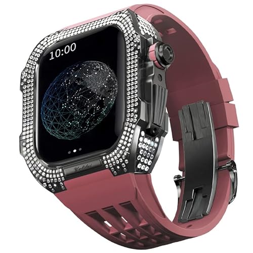 KANUZ Uhren-Modifikationsset, Luxus-Uhrenarmband-Set für Apple Watch 8 Ultra, 45 mm, luxuriöses Viton-Armband, Titangehäuse für iWatch 7, 8, 45 mm, Upgrade-Modifikation (Farbe: Dunkelrot 3, Größe: 45