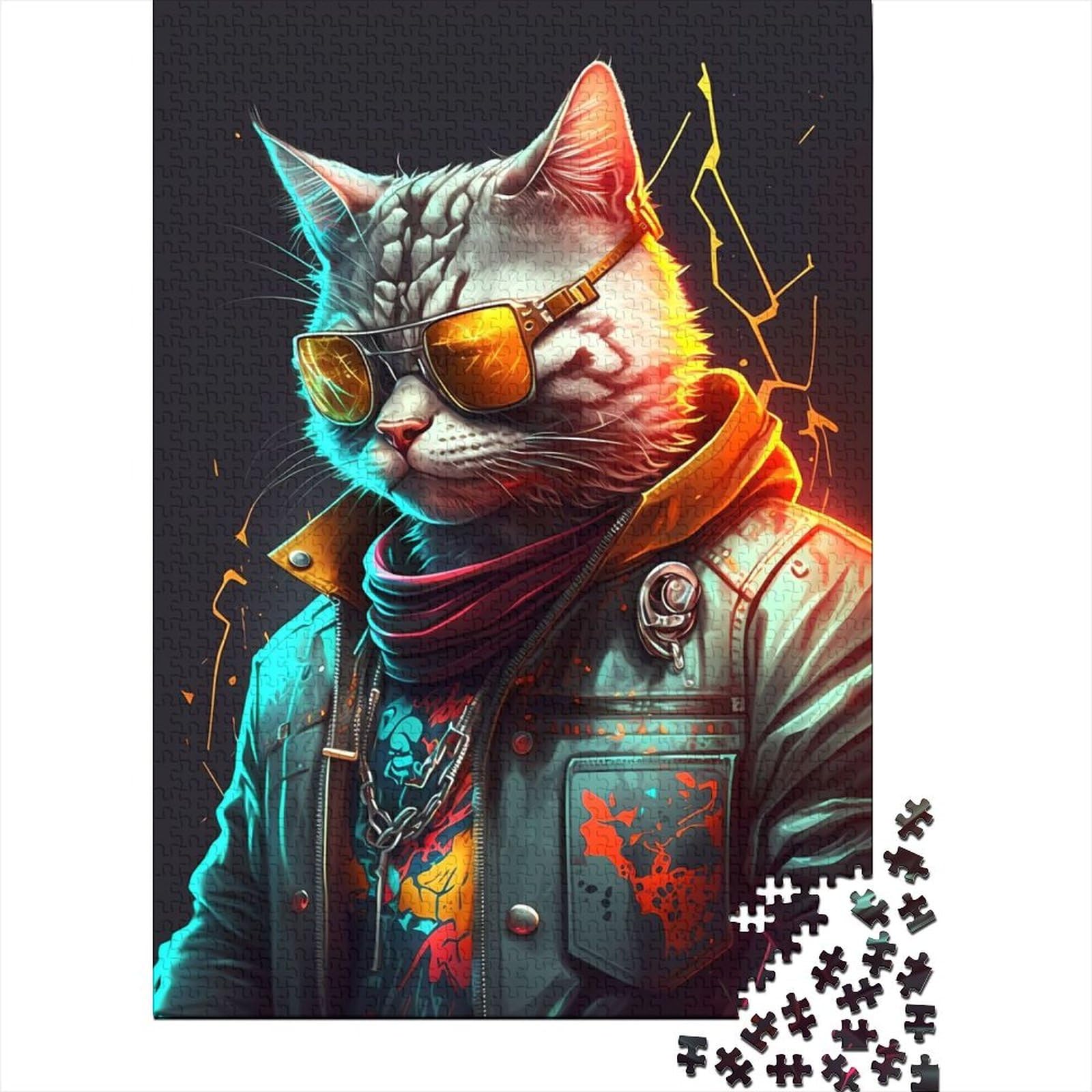 1000-teiliges Puzzle für Erwachsene, Cyberpunk, nette Katze, Holzpuzzle für Erwachsene, Puzzle, Entspannungspuzzle, Spiele, Denksportaufgabe, 75 x 50 cm