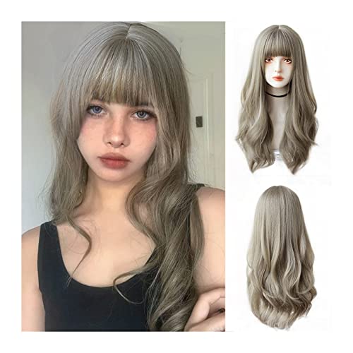 Perücken für Frauen Lange graue Perücke mit Pony, lange gewellte lockige Perücken for Frauen, natürlich aussehende synthetische Lolita Cosplay hitzebeständige Perücke for das tägliche Kostüm Halloween