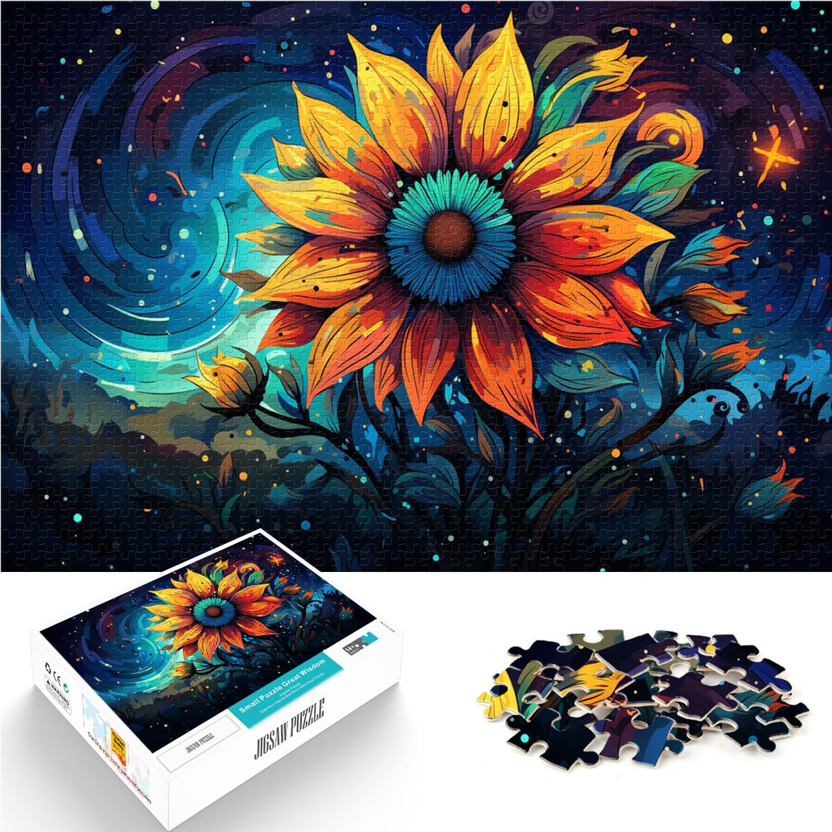 Puzzlespiele „Psychedelische Bunte Sonnenblumen“-Puzzles, 1000 Teile, Holzpuzzle, Puzzeln als Geschenk, ganze Familie (50 x 75 cm)