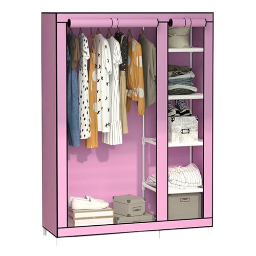 ZHANGshouf Kleiderschrank, Canvas-Garderobe für Schlafzimmer, tragbare Kleiderschrankregale mit Kleiderstange und Stoffbezug, Faltbarer Kleiderschrank für Wohnzimmer,PinkA