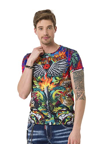 Cipo & Baxx Herren Kurzarm T-Shirt Rundhals Alloverprint Rundhals Floral Shirt Strasssteine Baumwolle CT669 Colorful S