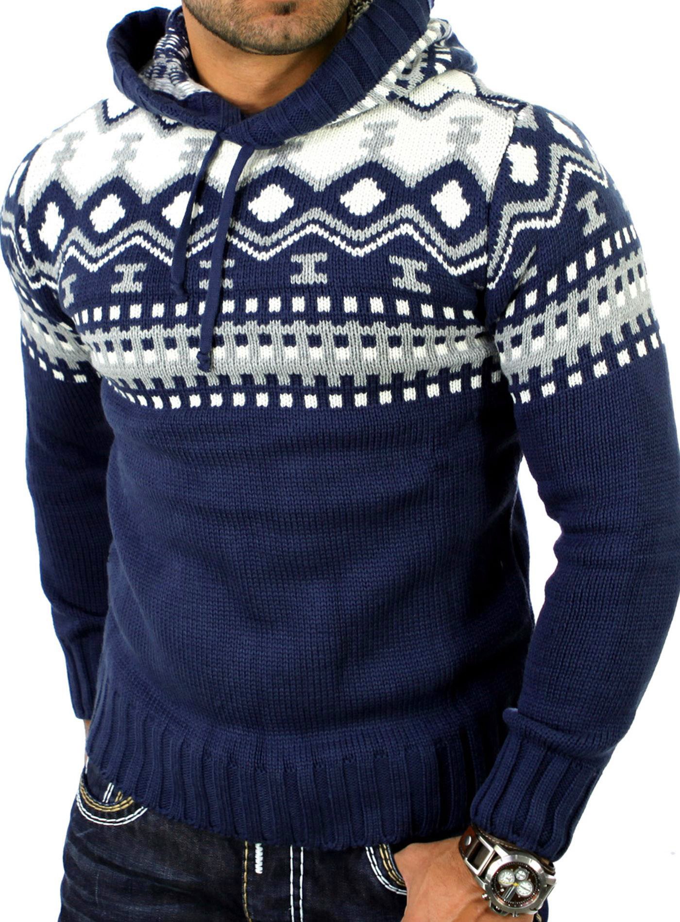 Reslad Norweger Pullover Herren Winterpullover Kapuzenpullover | Strickpullover für Männer RS-3013 (2XL, Blau)