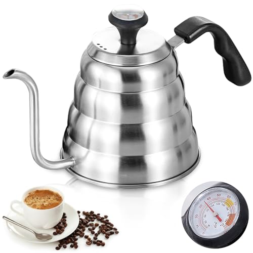 Schwanenhals Wasserkocher: 1200ml / 40oz Edelstahl Wasserkessel Kaffeekanne Wasserkocher Schwanenhals mit Thermometer für alle Herdtypen, Langlebig und Einfach zu Reinigen