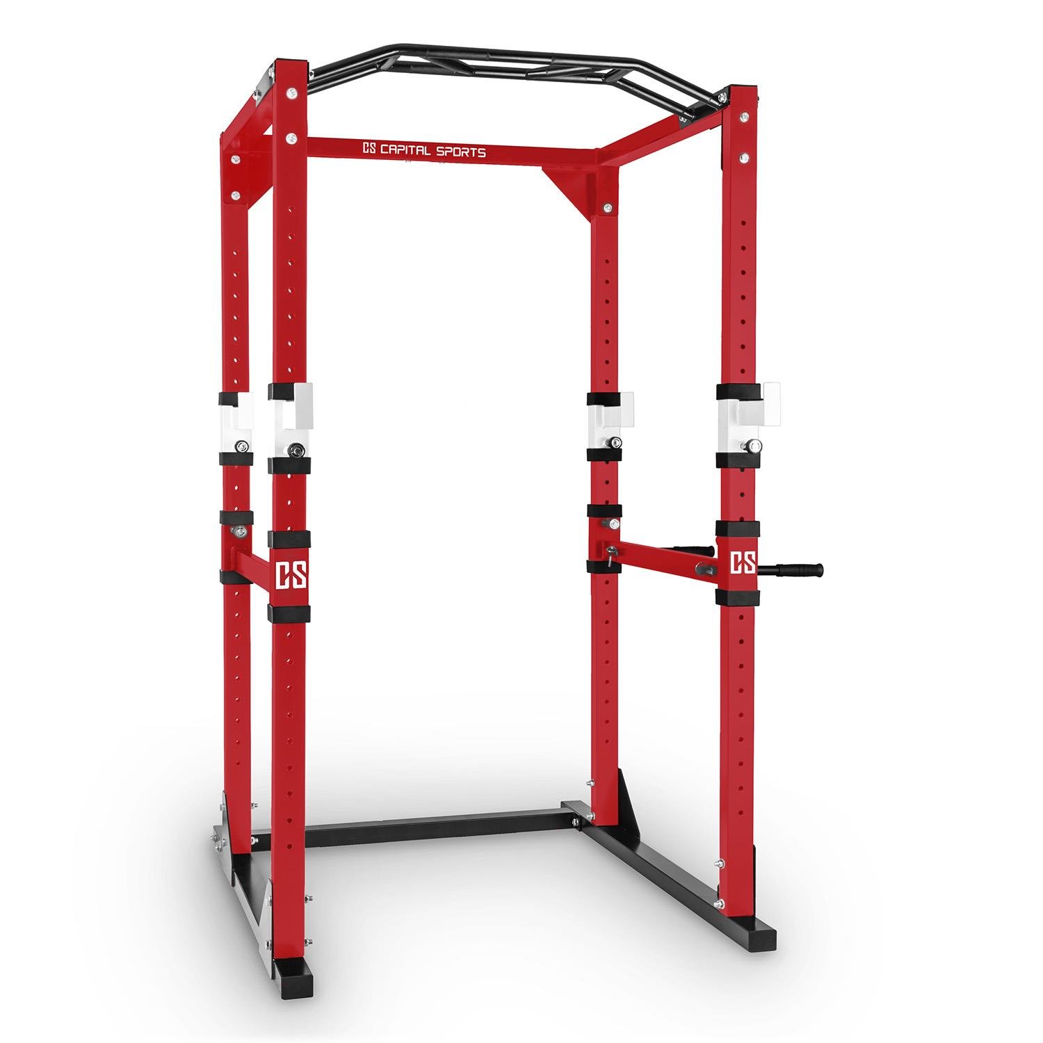 CAPITAL SPORTS Tremendour Power Rack Käfig - Squat Rack Kraftstation, 2 x Safety Spotter: 20-stufig, 4 x J-Hooks, Multigripp-Klimmzugstange, aufsteckbare Dipstangen, Half Rack, rot