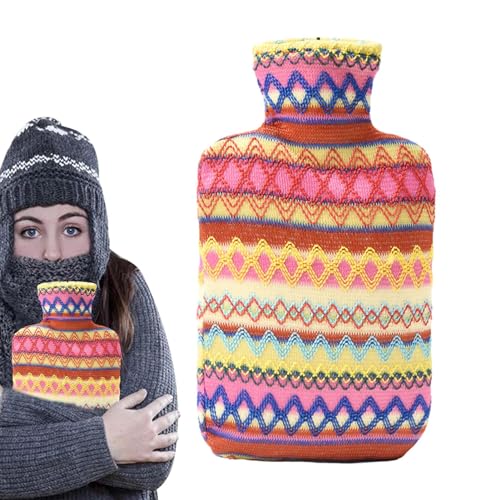 Wärmflasche | Warmwasserpaket | Wärmflasche mit Strickbezug, 2 l Wärmbeutel für heiße und kalte Kompressen, Handwärmer im Ethno-Stil, ideal für Menstruationsbeschwerden Qarido