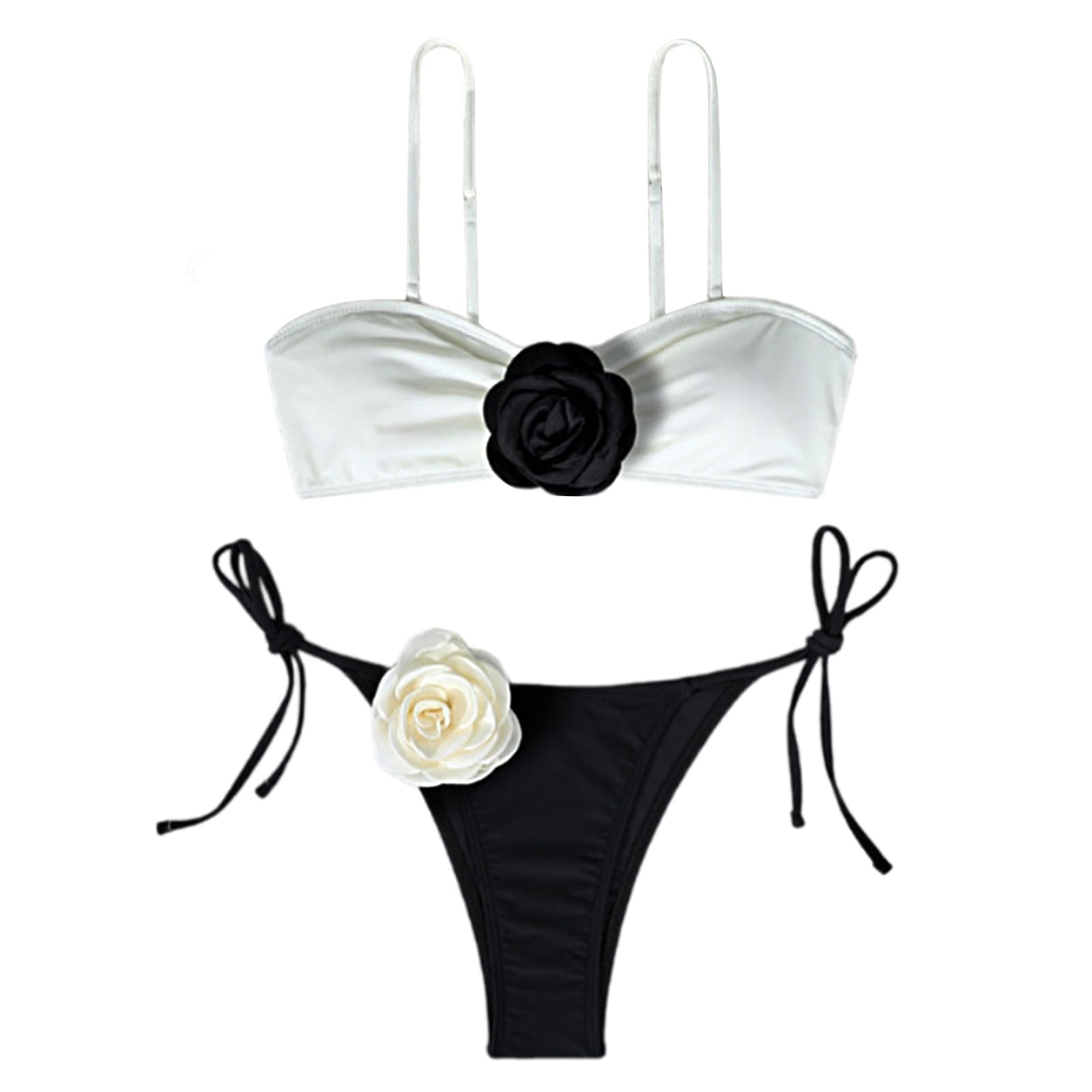 JUNNASALIKER Zweiteiliges Damen-Badeanzug-Set, 3D-Blumendekoration, Bandeau-Badeanzug mit verstellbarem Schulterriemen