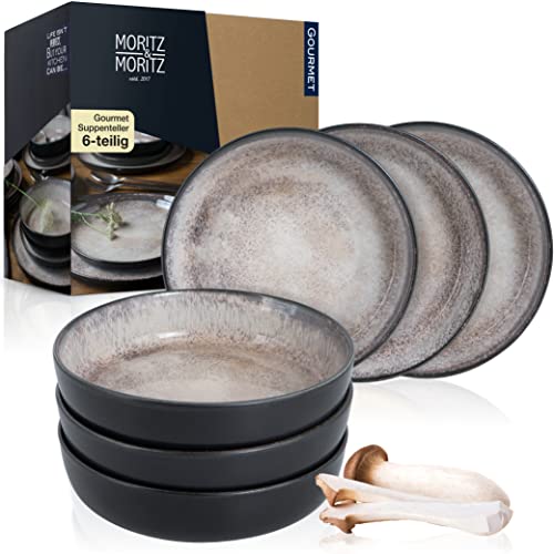 Moritz & Moritz VIDA 6er Suppen Teller Set Beige - Bowl Schüssel für 6 Personen - Porzellan spülmaschinen- und mikrowellengeeignet