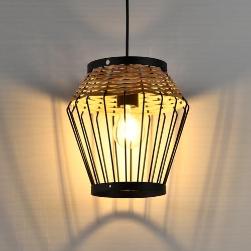 LQWELL® E27 Hängelampe Schwarz, Retro Pendellampe Hängeleuchte Vertigo Lampe Höhenverstellbare Kronleuchter Metall Rattan, für Wohnzimmer Schlafzimmer Esszimmer Cafés Studio Bartheke