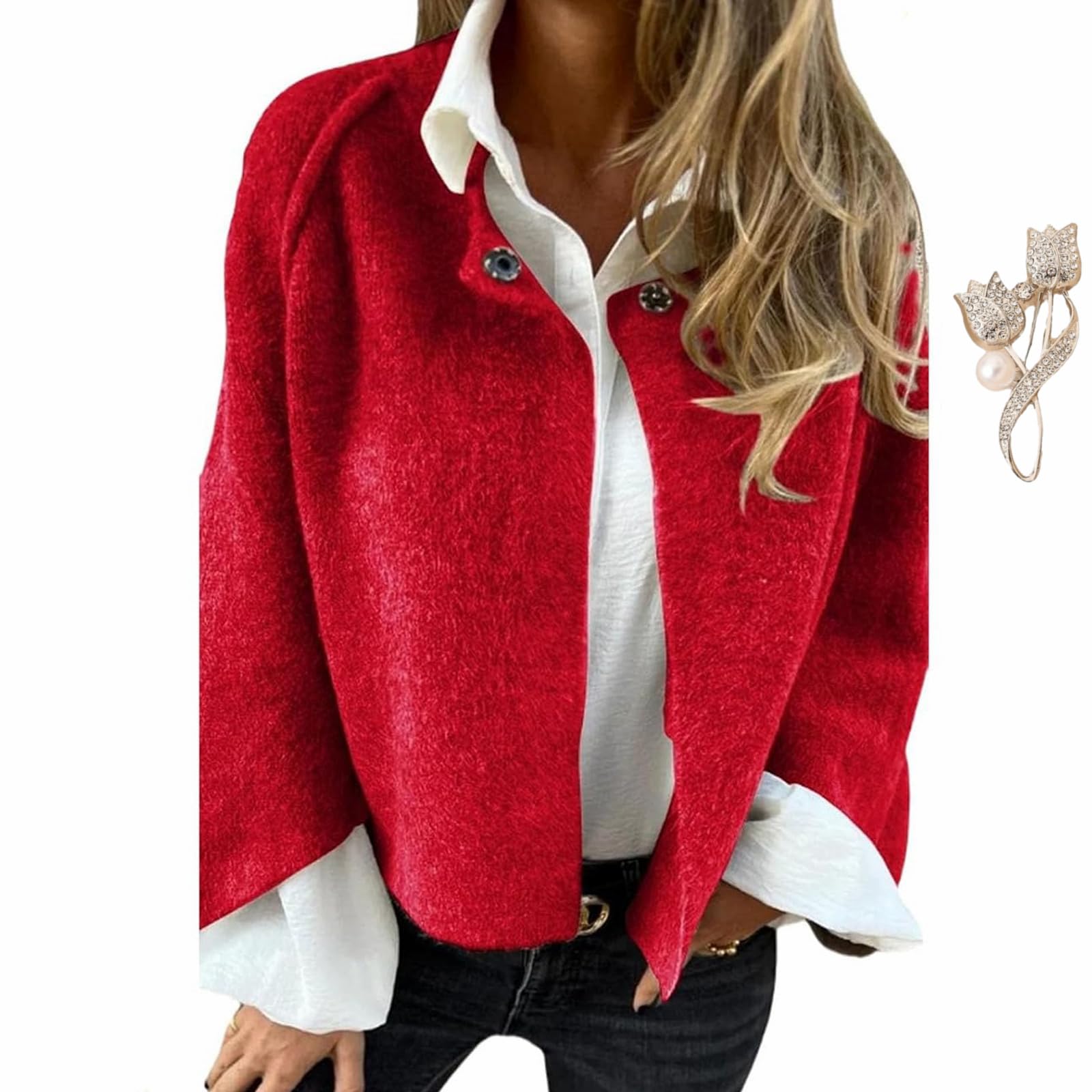 WINDEHAO 2024 Damen-Mantel mit Rundhalsausschnitt, Wolle, langärmelig, bauchfrei, für Herbst und Winter, warmer Knopf, trendiger kurzer Wollblazer (Rot, Größe 4XL)