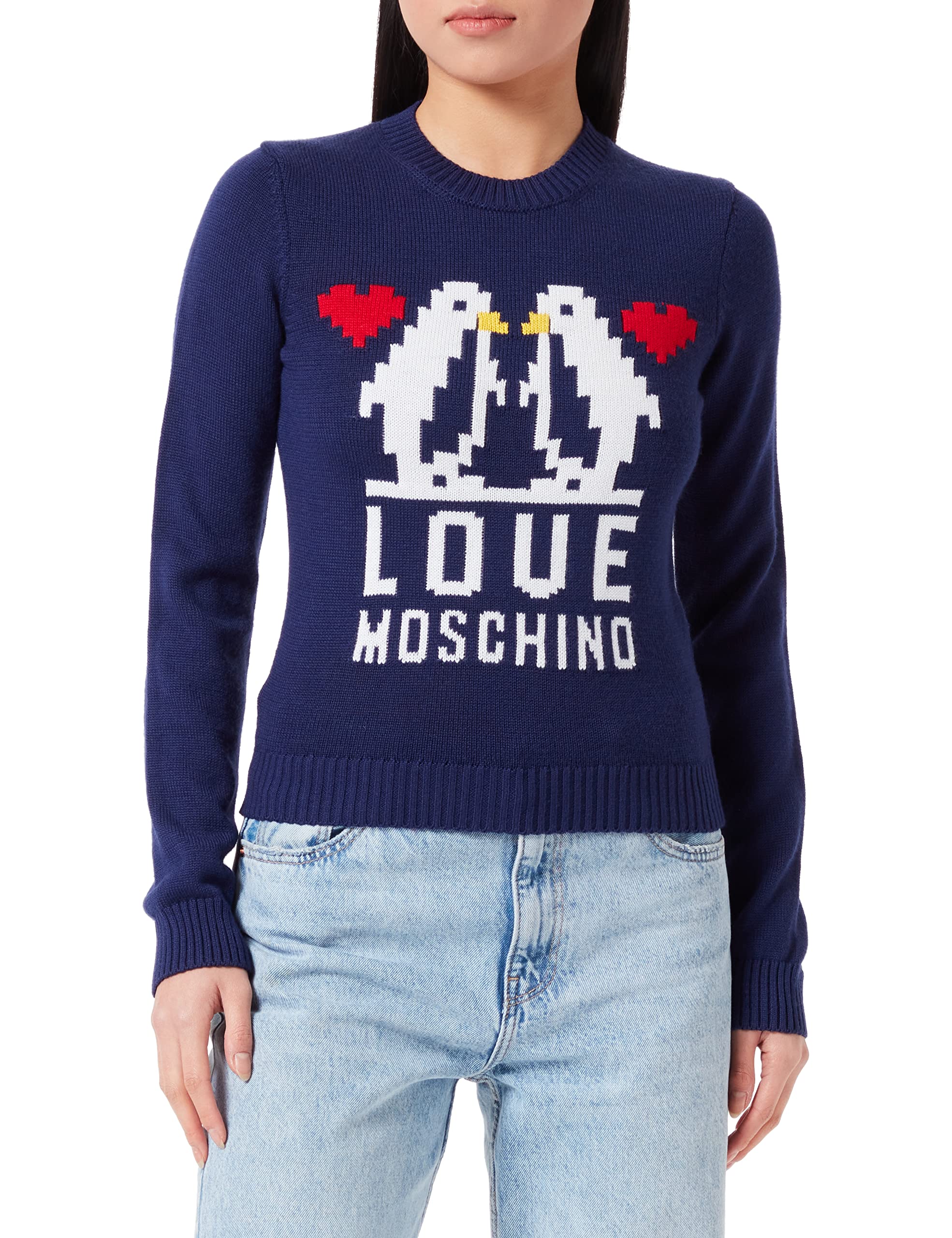 Love Moschino Women's Slim fit Long-Sleeved with Love Penguins Jacquard Intarsia Pullover Sweater, Dark Blue, 44